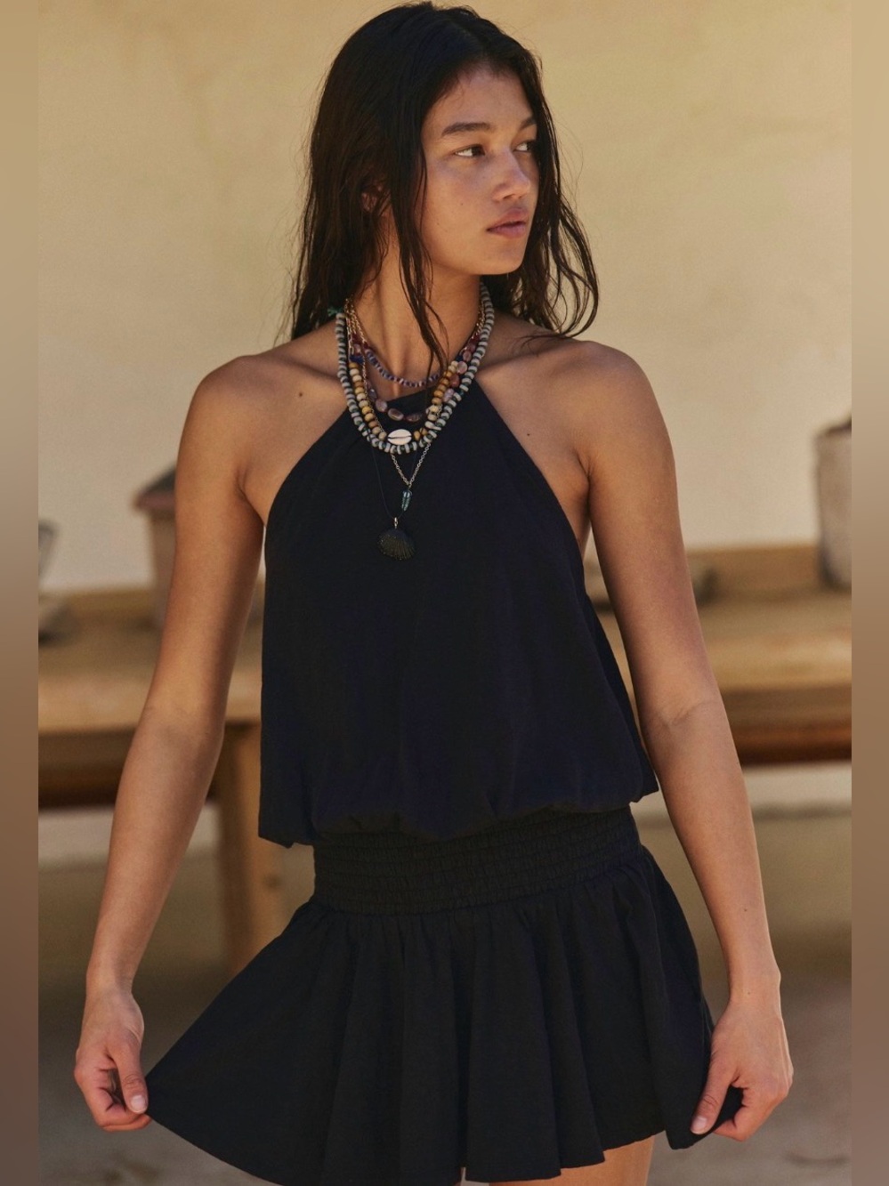 Free People La La Luz Black Halter Neck Mini Dress